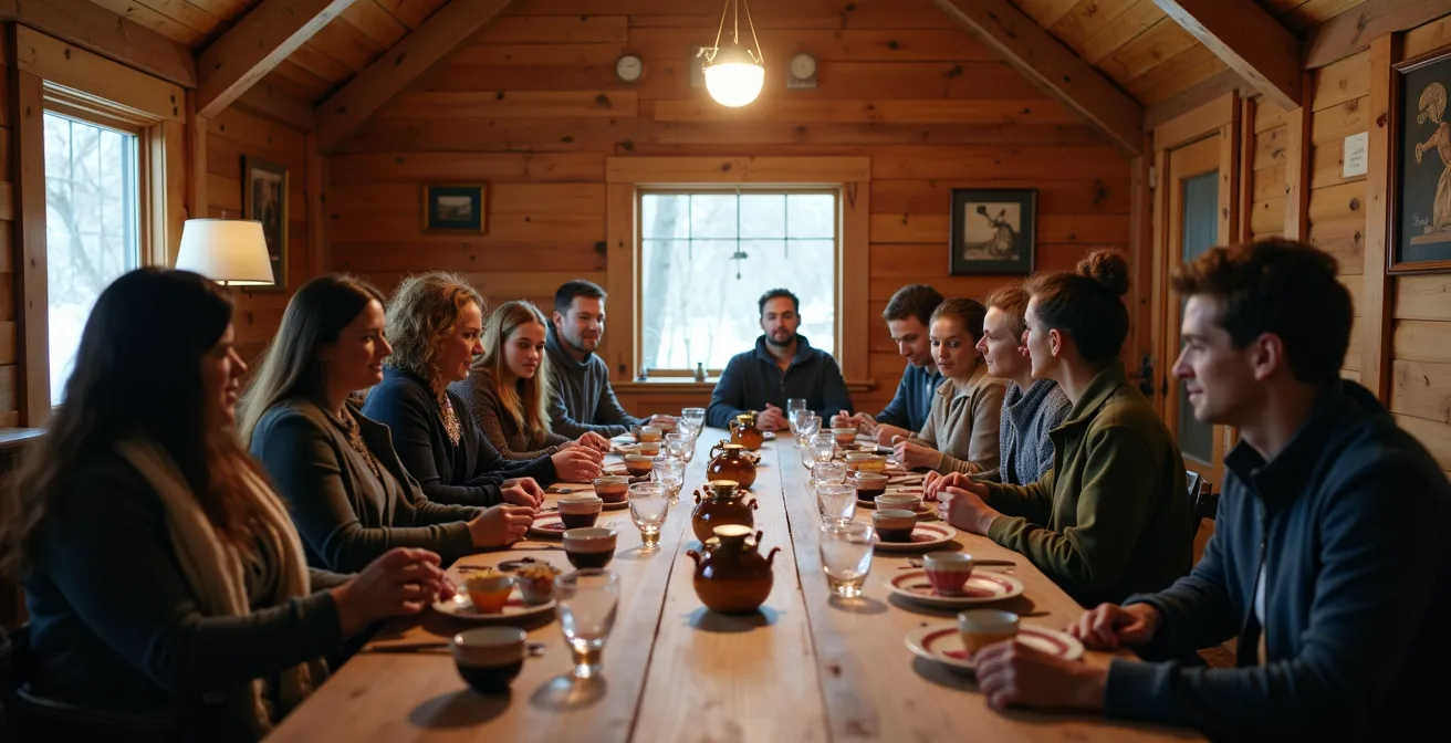 People sharing stories around a traditional Quebec maple sugar shack table