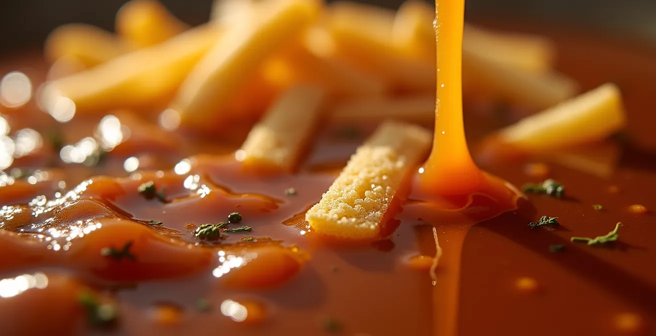 Extreme close-up of rich brown poutine sauce texture showing glossy surface and spice particles