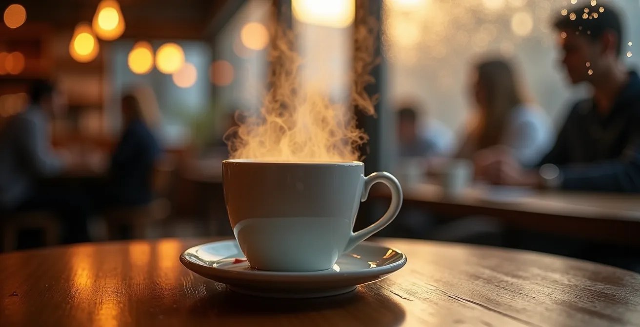 Close-up of steaming coffee cup with blurred cozy cafe interior in background