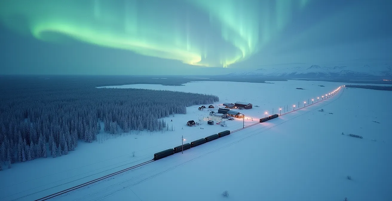 Aerial view of isolated northern Canadian town with single rail line through snowy wilderness