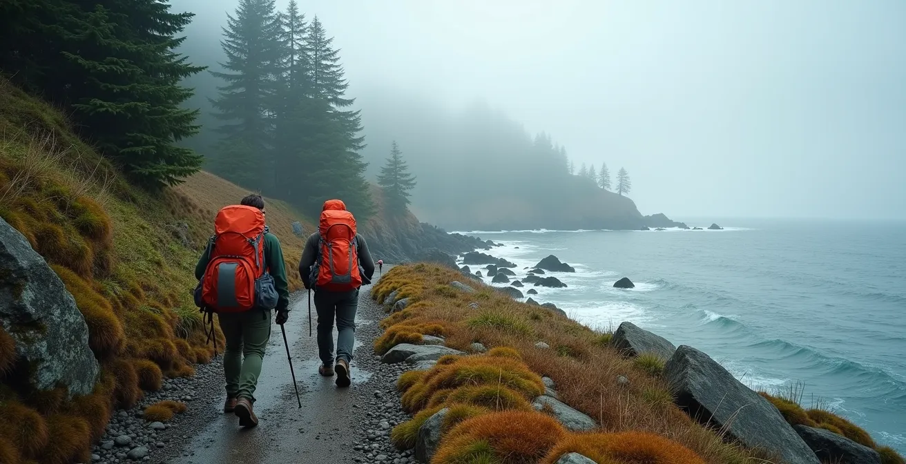 Wide environmental shot of hikers on remote coastal trail with dramatic Pacific Northwest landscape