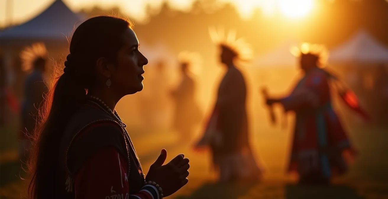 Silhouetted observer watching powwow ceremony from respectful distance