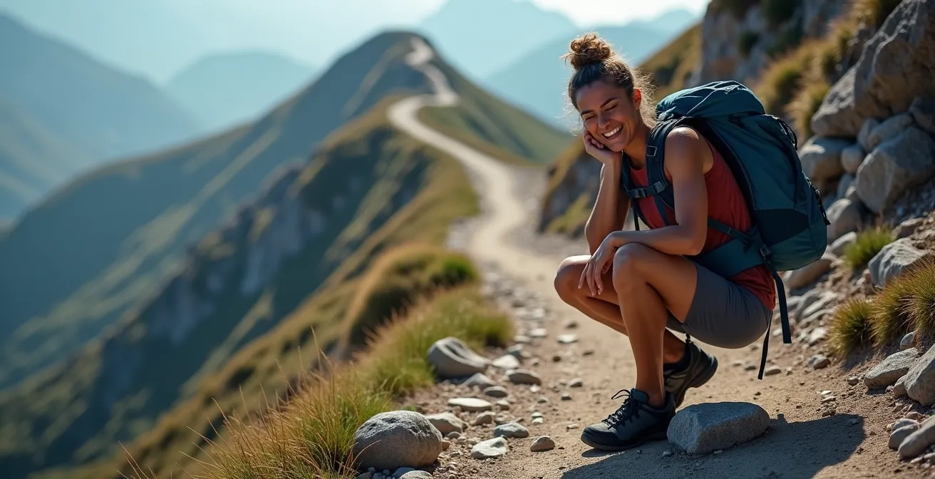 Steep rocky mountain trail with elevation gain visible, showing challenging terrain typical of Canadian Rockies