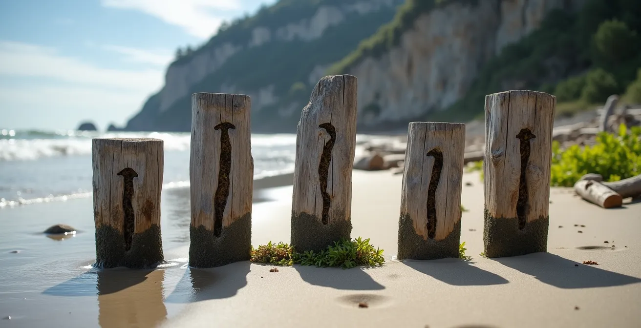 Time-lapse style visualization of water rising over marked beach posts showing hourly tide progression