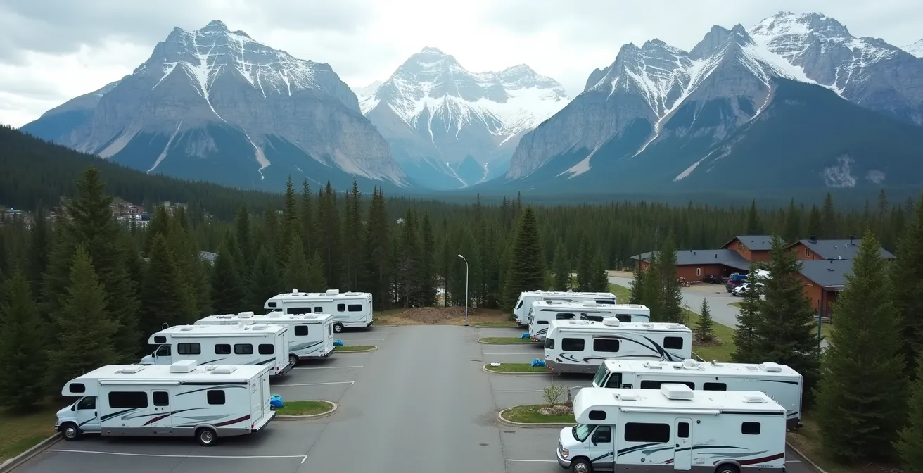 Wide aerial view of RV parking area surrounded by mountain peaks and forest