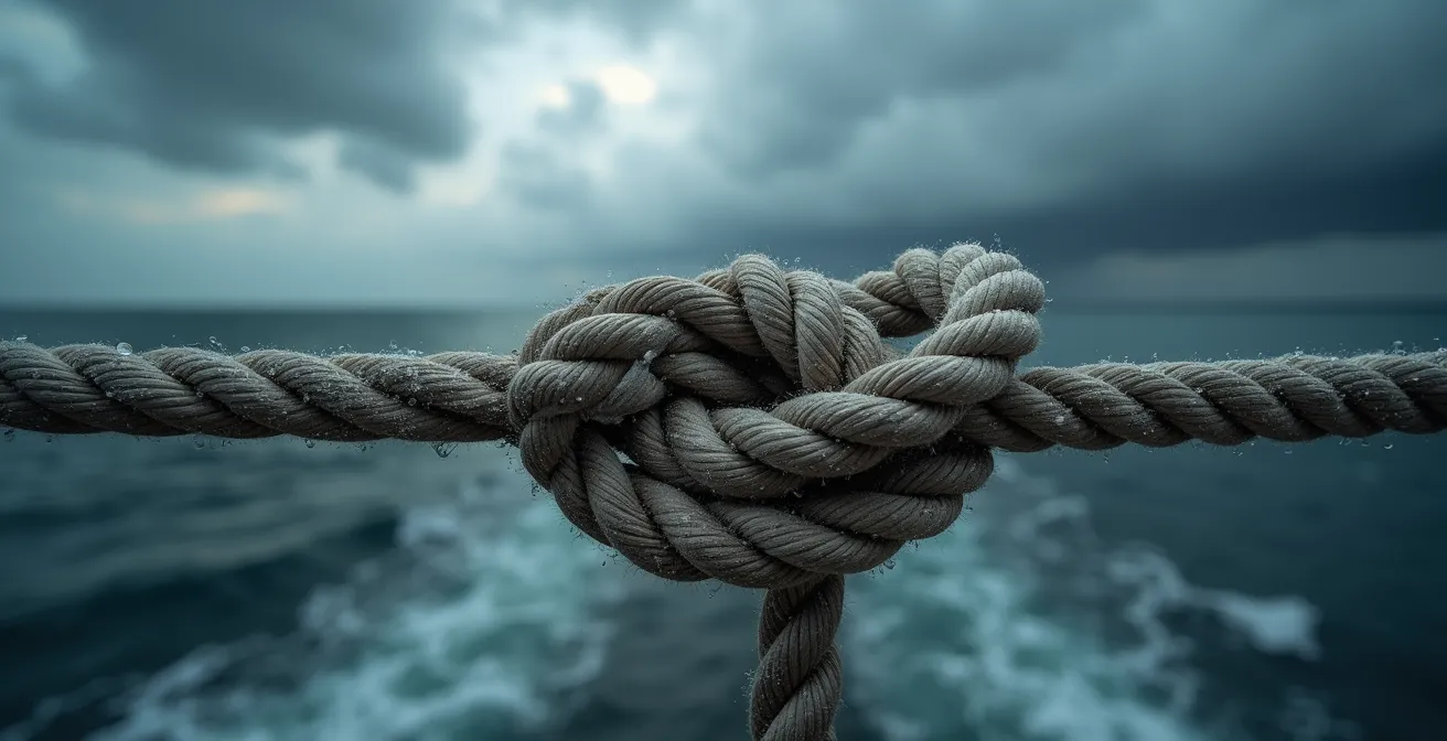 Close-up of properly secured marine knot on a vessel cleat