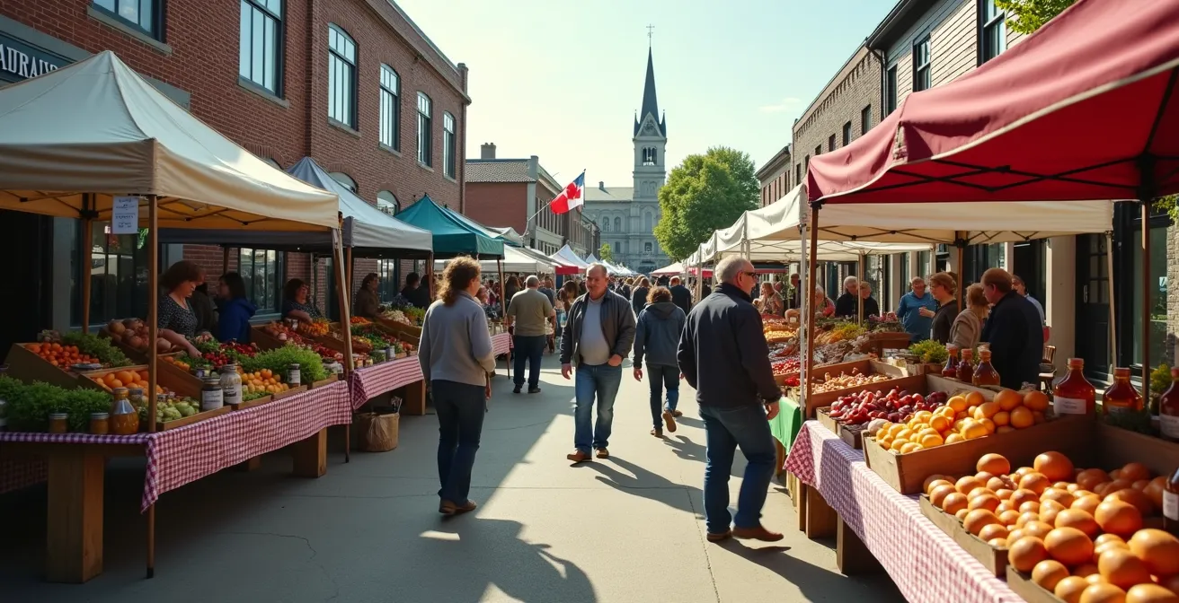 Bustling farmers market in small Canadian town with diverse vendors and shoppers interacting warmly
