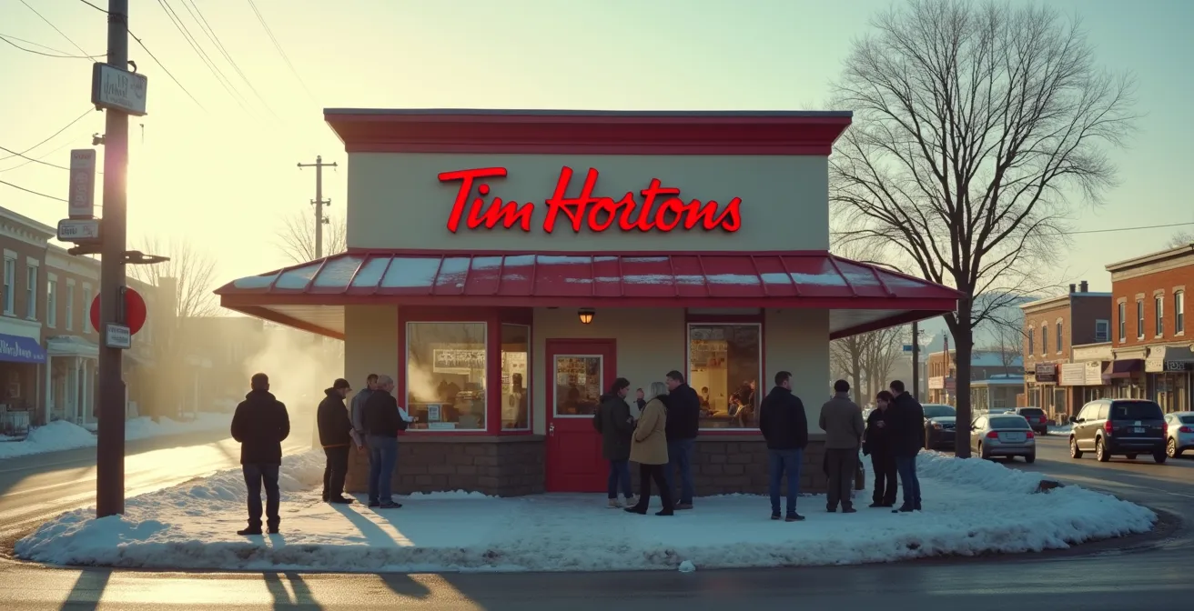 Wide shot of a small Canadian town Tim Hortons exterior at dawn with locals gathering outside