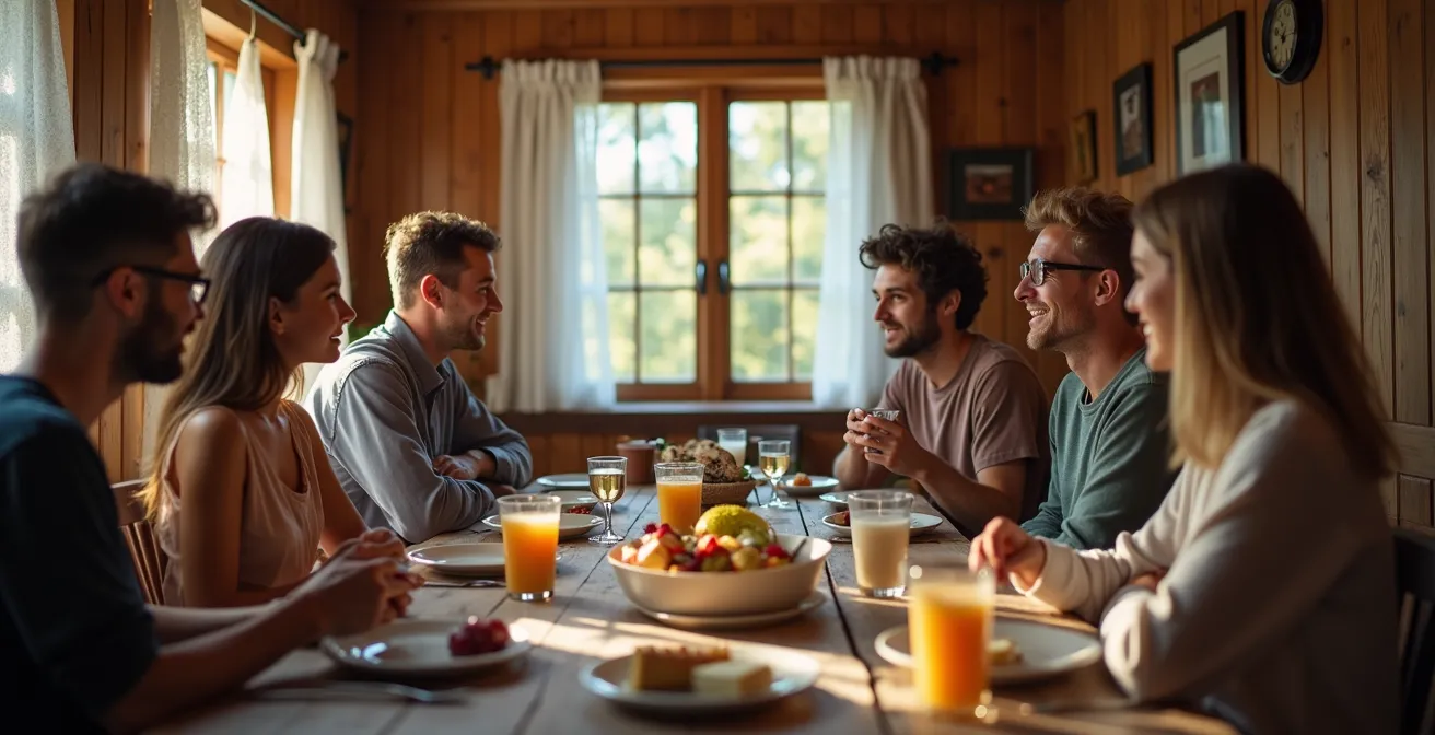 Warm morning light illuminating a shared breakfast table at a Canadian B&B with diverse travelers conversing