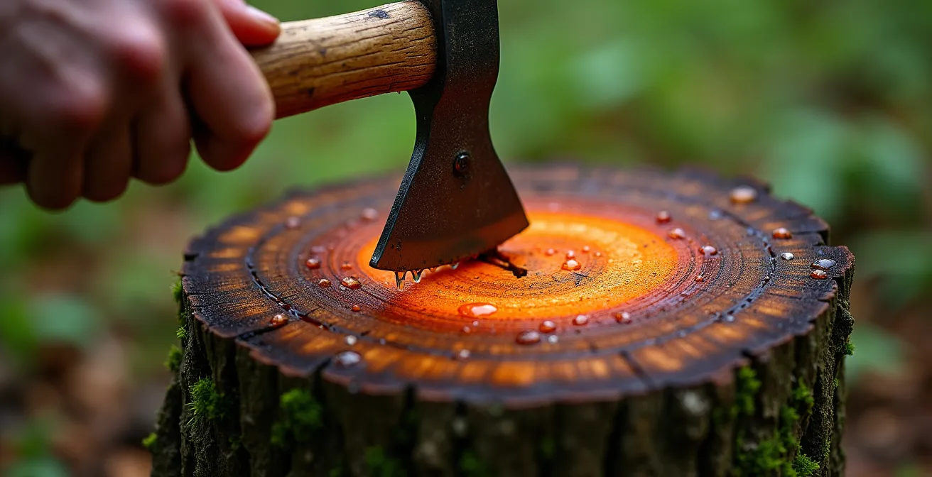 Hands splitting weathered cedar log revealing dry inner wood