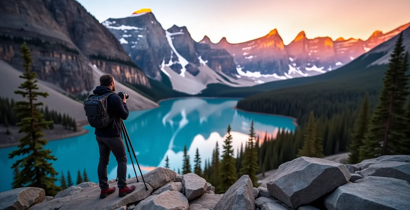 Photographer at Moraine Lake Rockpile during sunrise with camera on tripod capturing the Ten Peaks in golden light