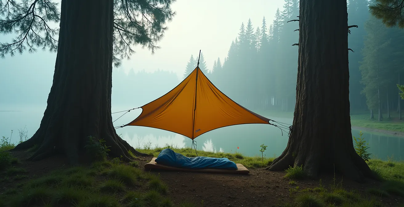 Minimalist tarp setup between cedar trees in misty forest