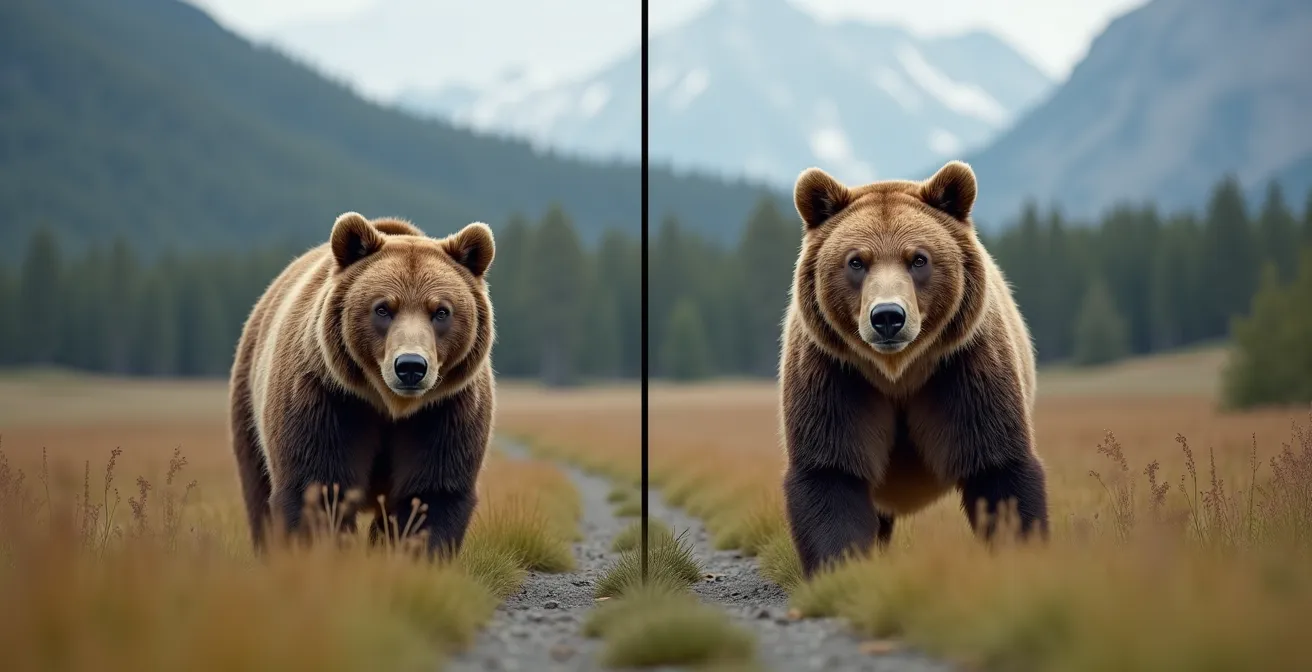 Visual comparison of grizzly bear size through different telephoto lenses at a safe distance