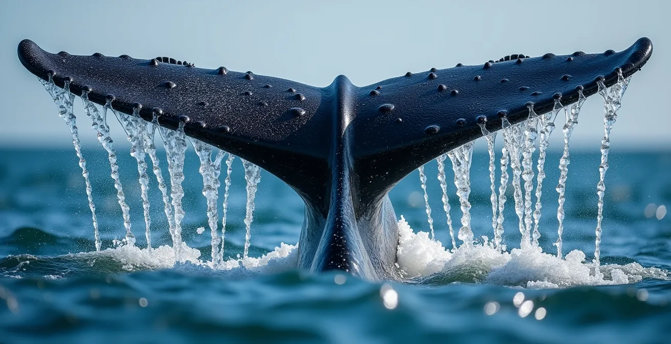 Close-up detail of water droplets cascading from a whale tail with a polarized water surface
