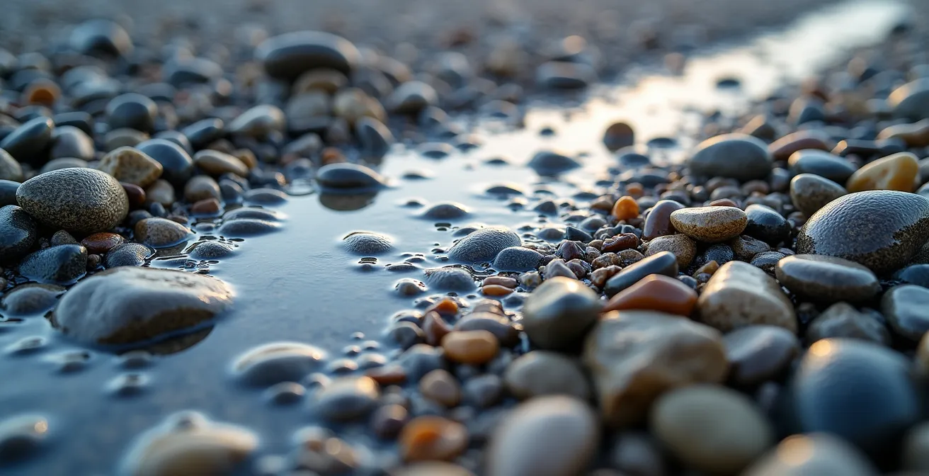 Extreme close-up of wet beach cobbles at Joggins, showing the distinct waterline where the tide has receded.