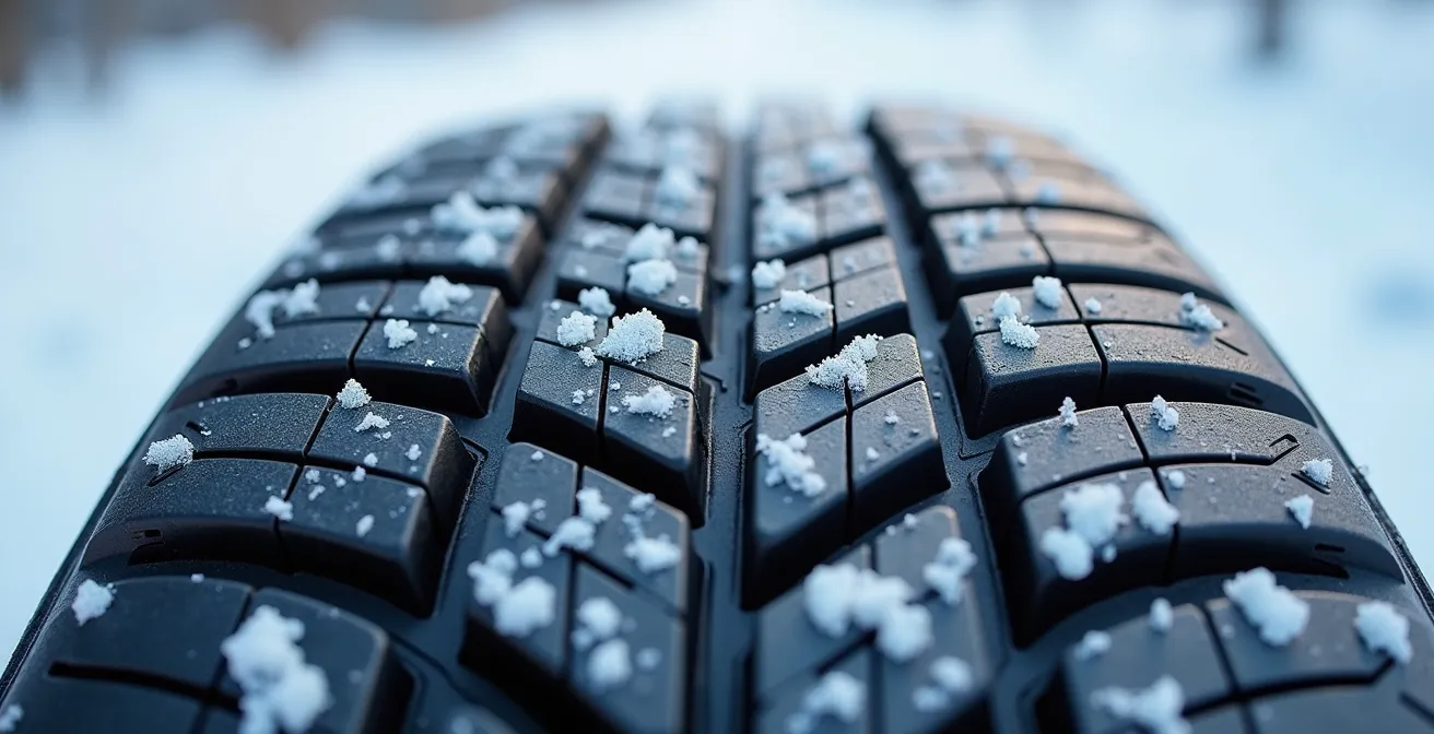 Macro detail of tire treads in snowy conditions showing texture differences