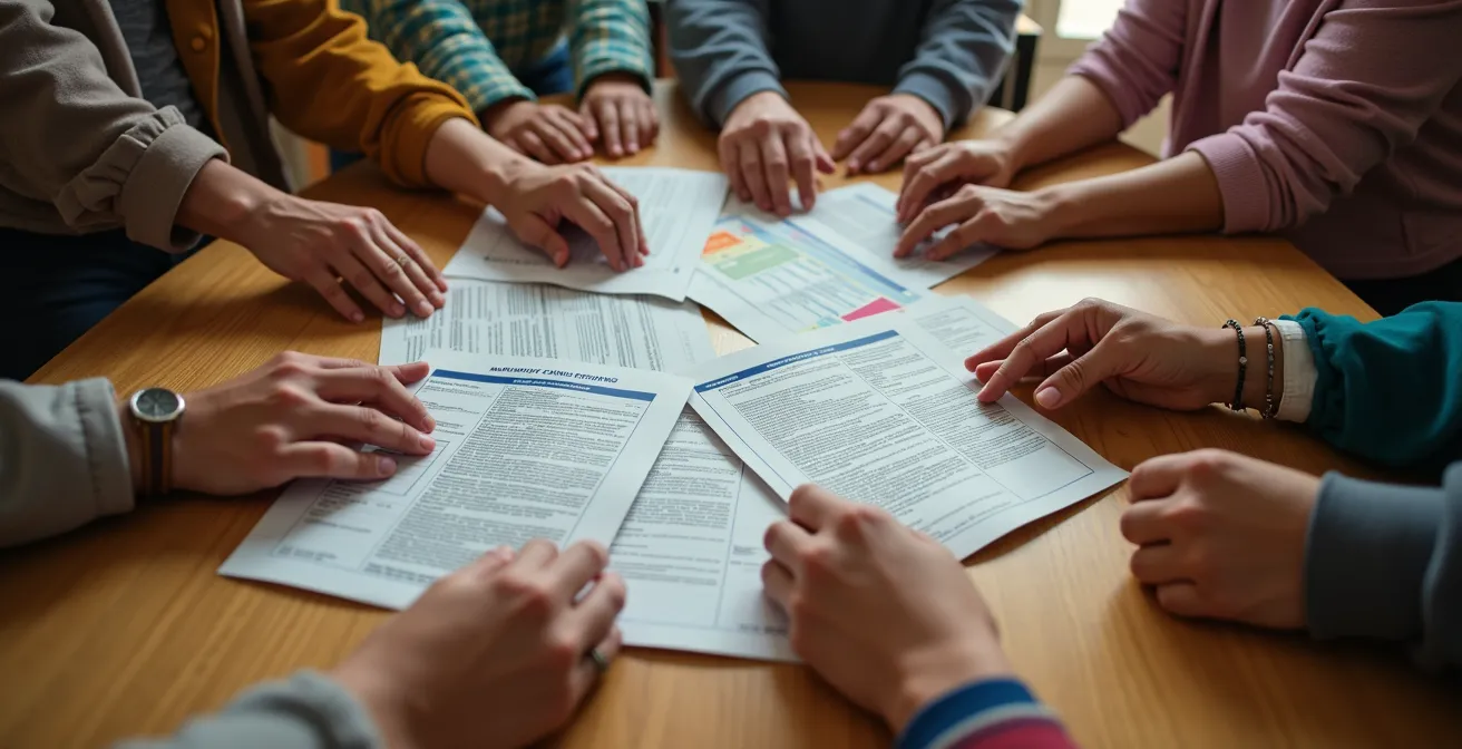 Warm community legal clinic scene with diverse newcomers receiving consultation support