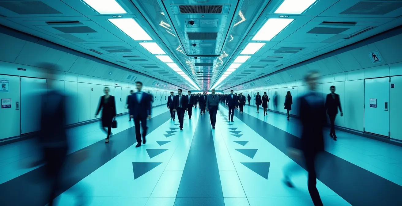 Underground PATH walkway showing directional signage and pedestrian flow patterns