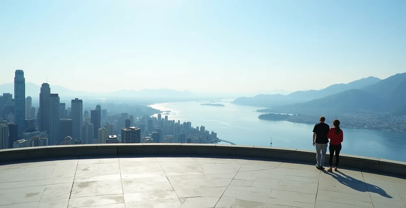 Panoramic view from Queen Elizabeth Park's free observation point overlooking Vancouver skyline and mountains