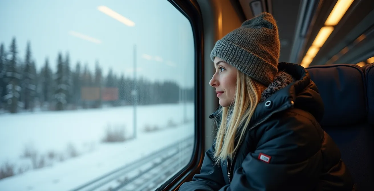 Interior perspective of a VIA Rail sleeper car showing a traveler looking out at the Manitoba wilderness
