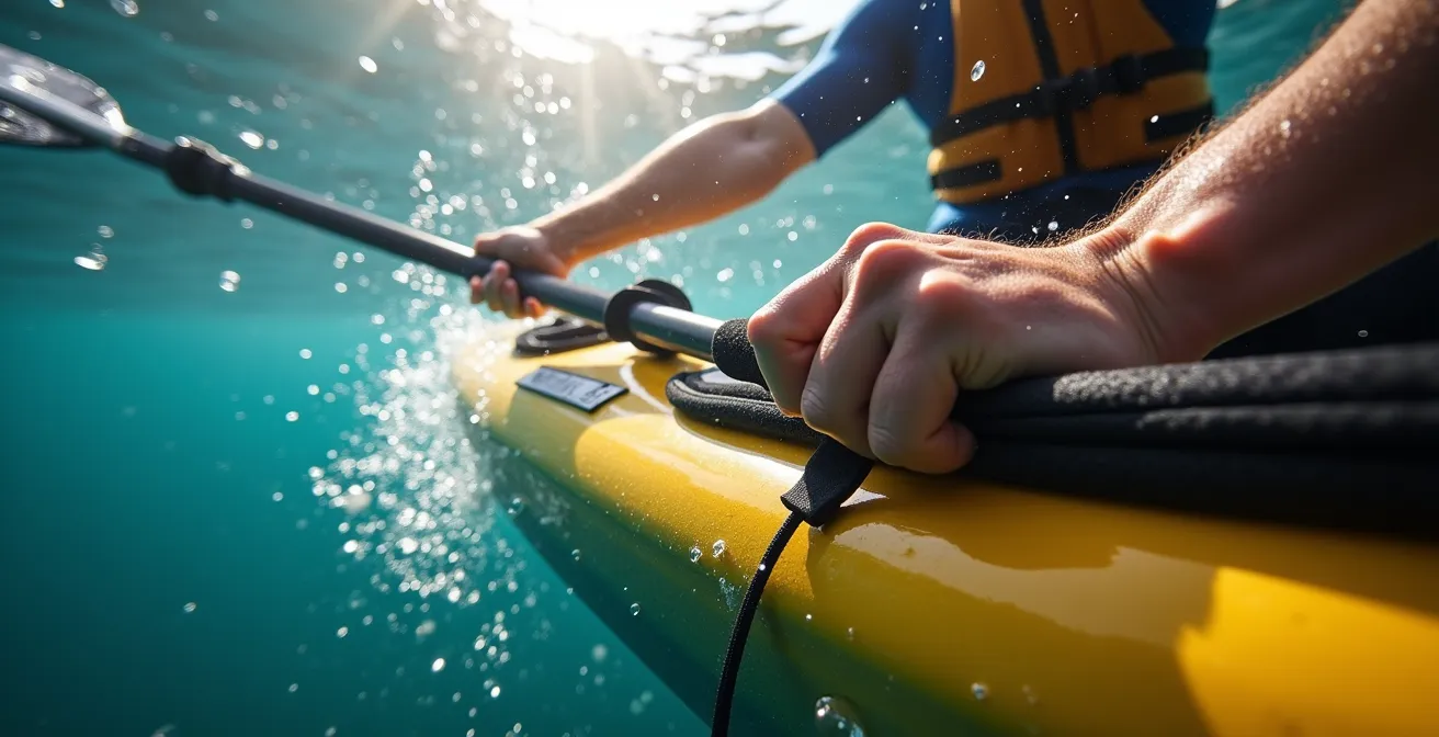 Underwater view of kayaker performing wet exit maneuver in clear training water