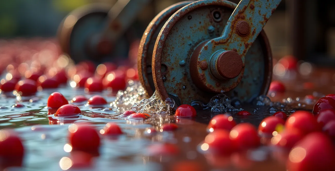 Close-up of water reels churning cranberries in flooded bog creating circular patterns