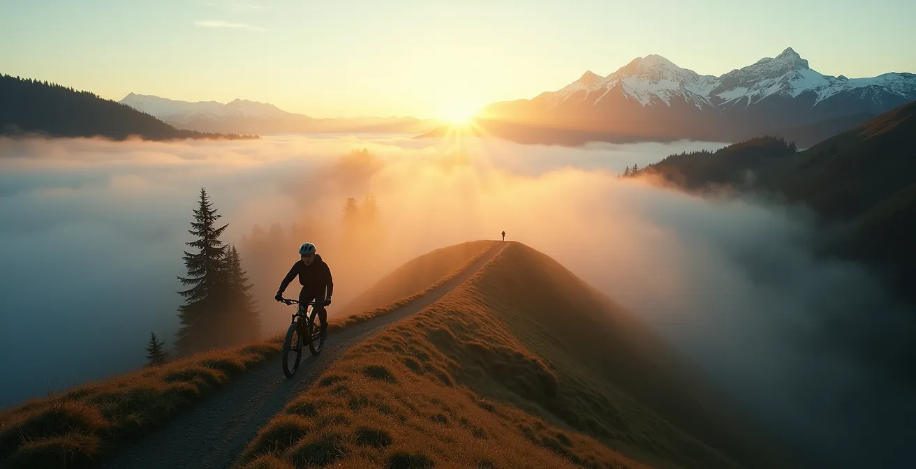 Wide panoramic view of Whistler Bike Park trails winding through morning mist