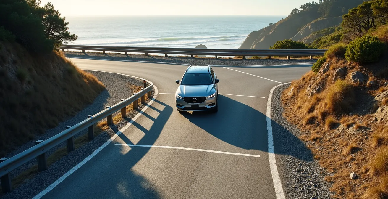 Safe gravel pullout area with ample space showing proper vehicle positioning away from road