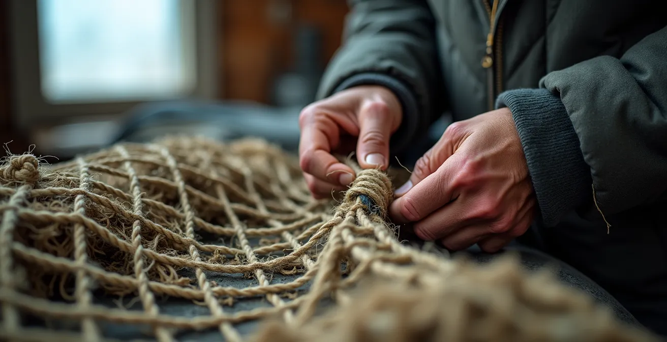 Close-up of weathered hands repairing fishing nets in a Canadian maritime workshop