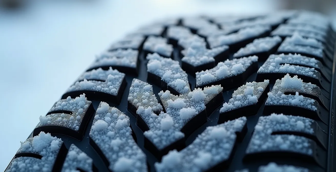 Extreme close-up of winter tire tread pattern with ice crystals and snow packed in grooves