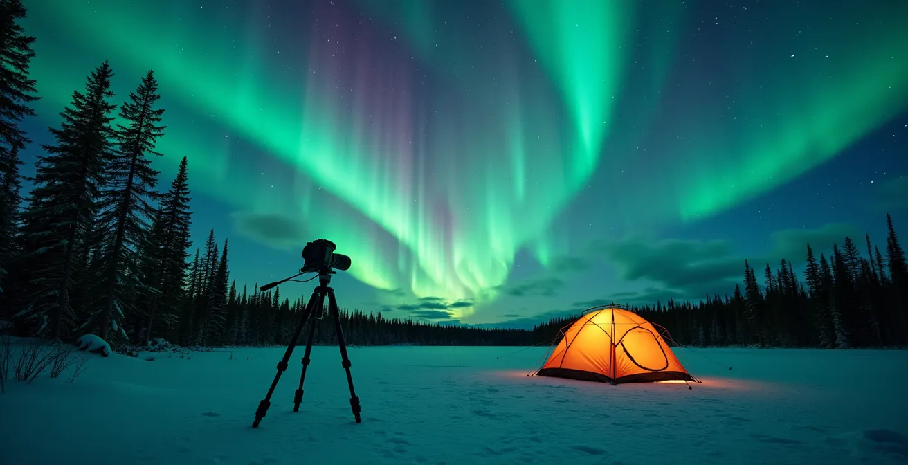 Northern lights display over Yukon wilderness with low KP index conditions