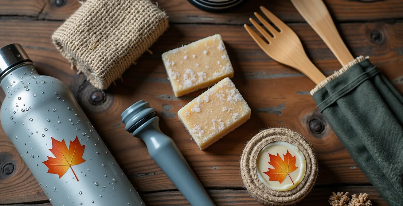 Reusable travel items arranged for sustainable wilderness travel