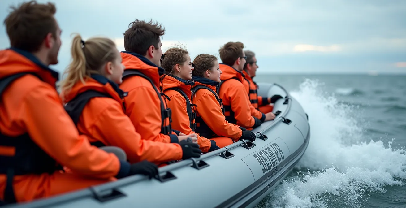Zodiac boat with passengers observing whales in choppy St. Lawrence waters